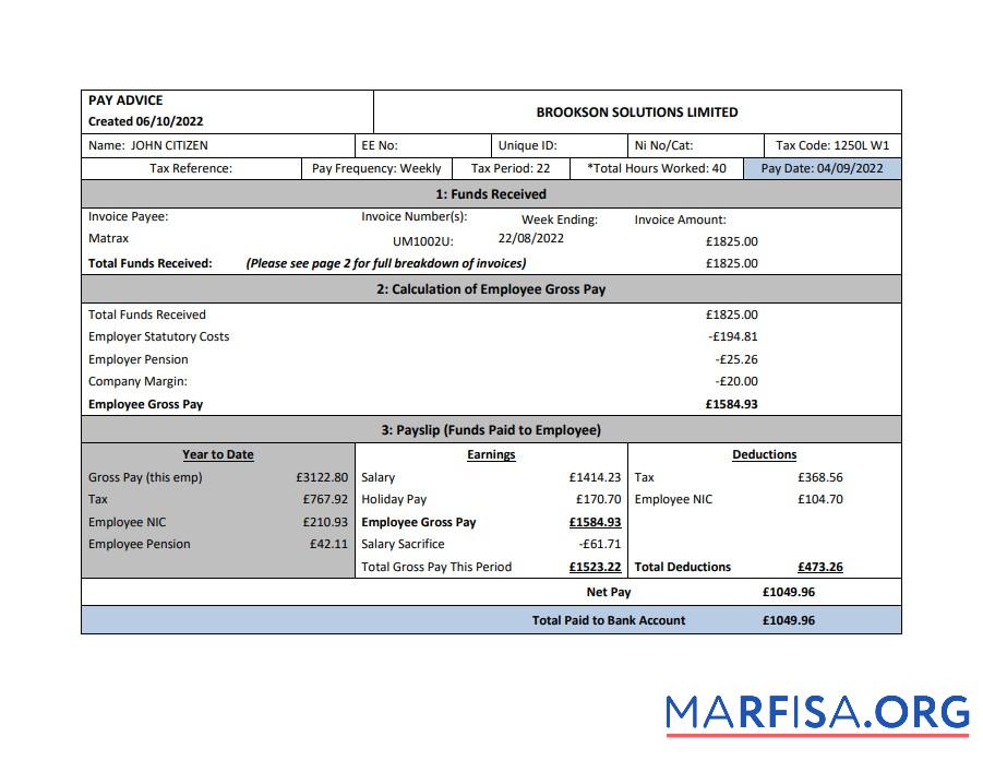 Printable USA Brookson solutions limited payslip download for verification